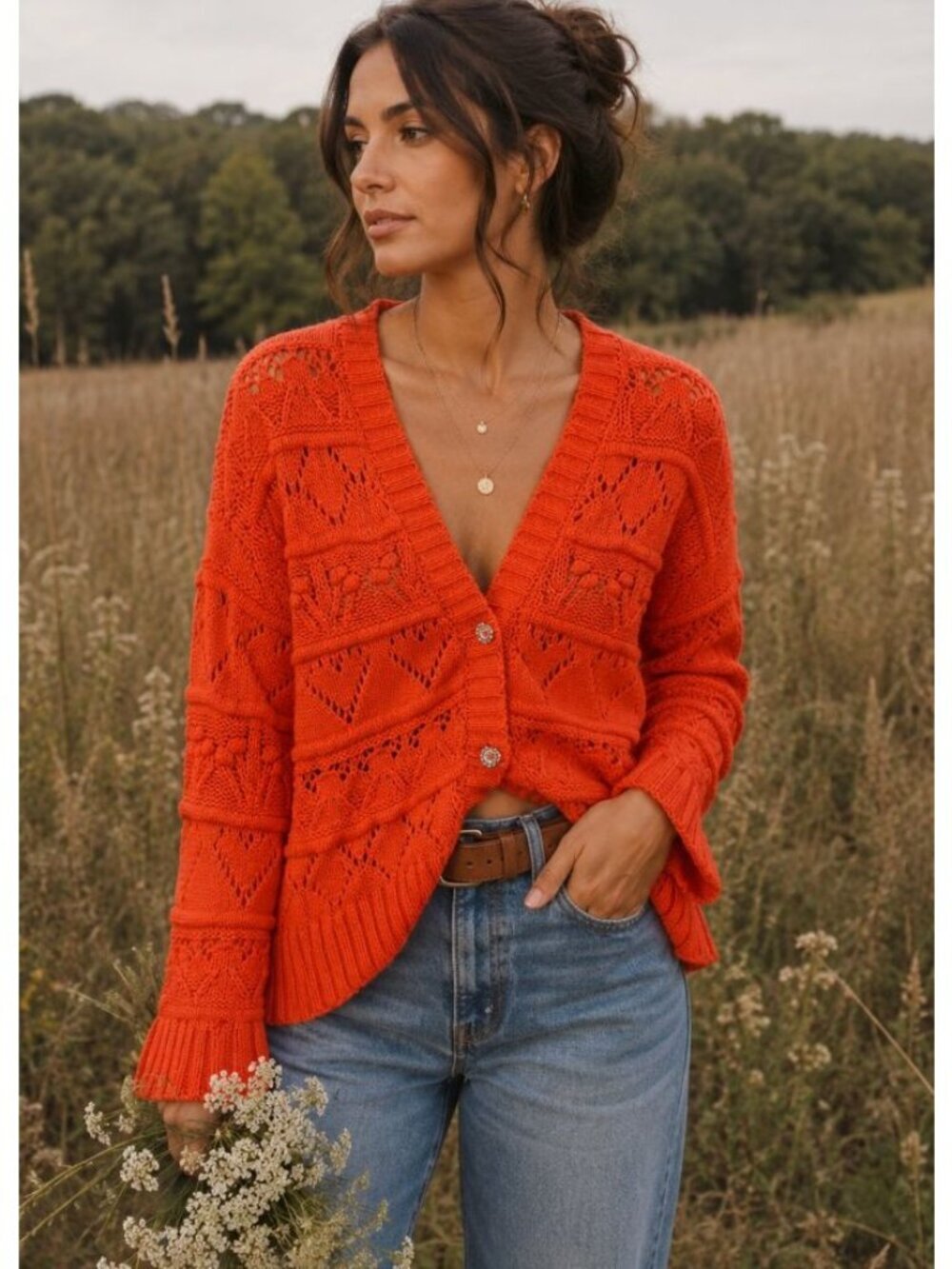 NWOT YAS Chunky Knit Long Sleeve Cardigan Size S Orange Jeweled